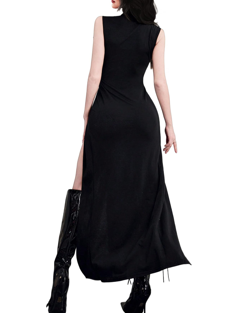InGoticos Women's Gothic Mock Neck Split Thigh Lace Up Tank Goth Dress Without Belt Black