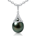Natural Tahitian Black Pearl Necklace - Christmas Gift for Wife Mom Daughter Sister Women, Jewelry Gifts for Wedding Anniversary Birthday, 9-10mm Seawater Pearl Sterling Silver Moissanite Pendant