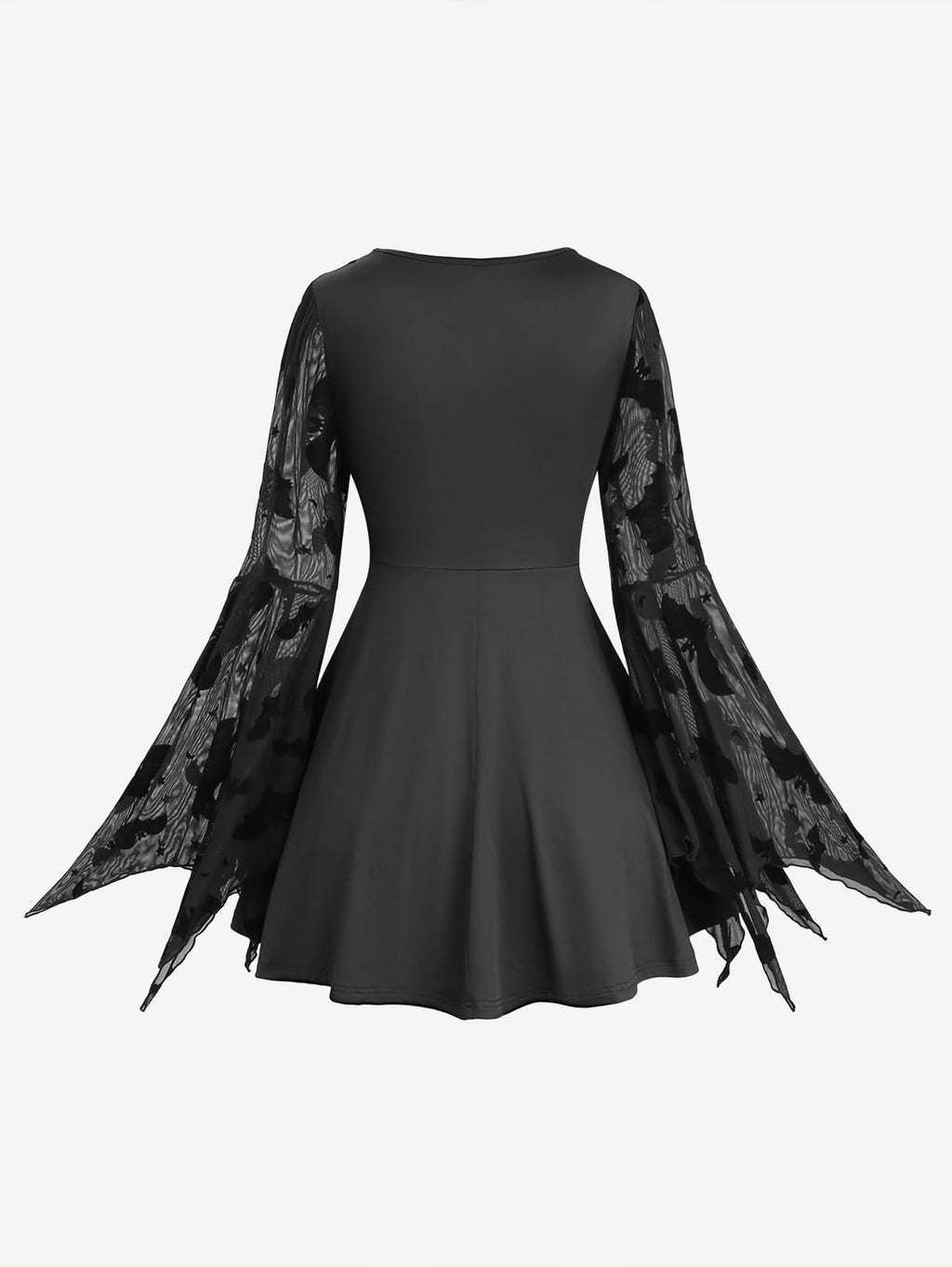 ROSE GAL Plus Size Women Gothic Halloween Costume Flocking Bat Mesh Asymmetric Bell Sleeve 2 in 1 Goth Swing Top(Black/2X)