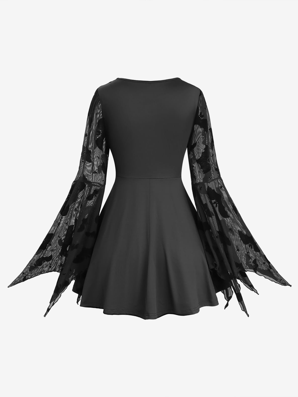 ROSE GAL Plus Size Women Gothic Halloween Costume Flocking Bat Mesh Asymmetric Bell Sleeve 2 in 1 Goth Swing Top(Black/2X)