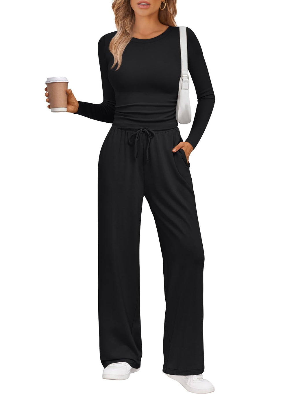 LILLUSORY Lounge Sets for Women Two 2 Piece matching Loungewear Sets Women Winter Clothing 2026 Fall Fashion Travel Airport Outfits Sweatsuits Casual Cute Clothes Black M
