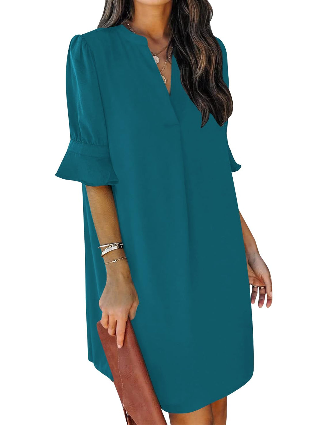 QACOHU Blue Dresses for Women Summer Ruffle Short Sleeve V Neck Solid Color Casual Short Sleeve Mini Dress Navy Blue L