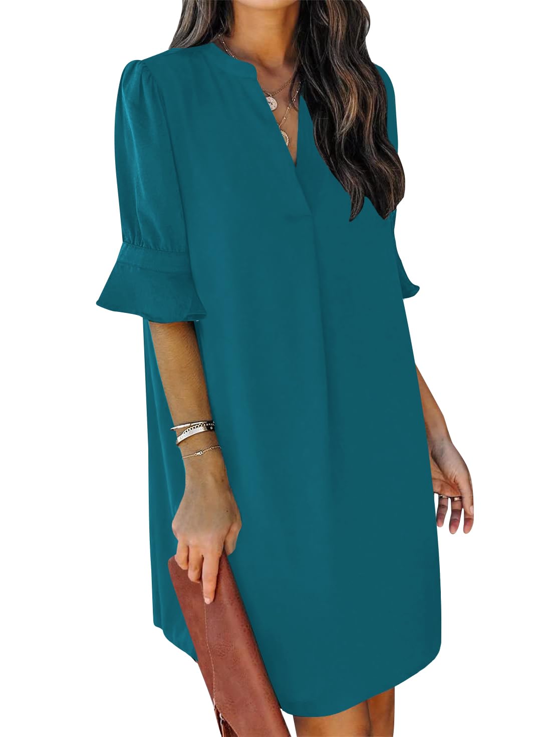 QACOHU Blue Dresses for Women Summer Ruffle Short Sleeve V Neck Solid Color Casual Short Sleeve Mini Dress Navy Blue L