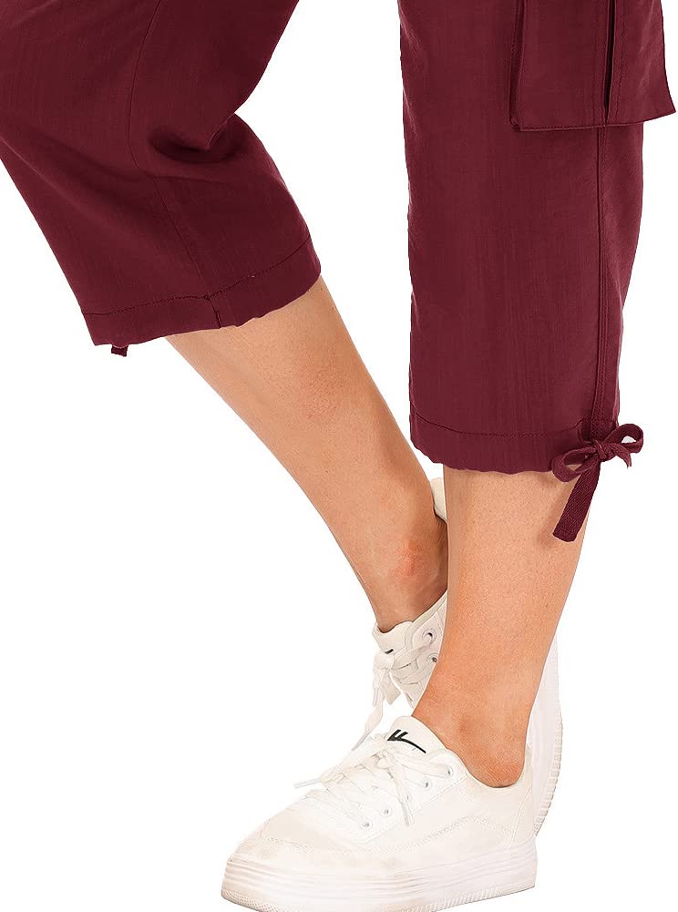 MoFiz Womens Capris with Pockets Loose Fit Casual Capri Pants Dressy Lightweight Ladies Baggy Cargo Pants for Hiking Burgundy Red