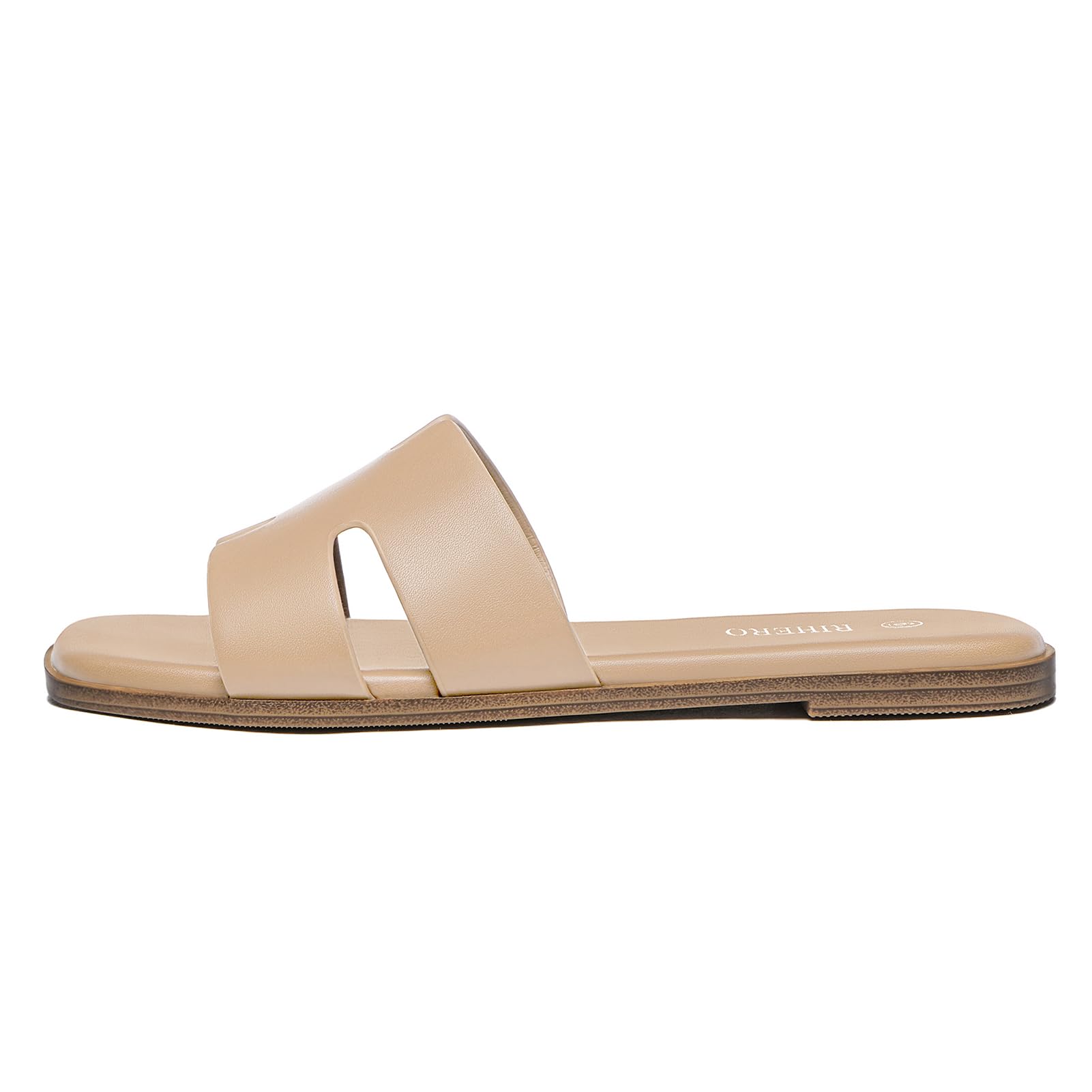 Rihero Women's Dressy Flat Sandals Comfortable Slip On Leather Slide Tan Sandals