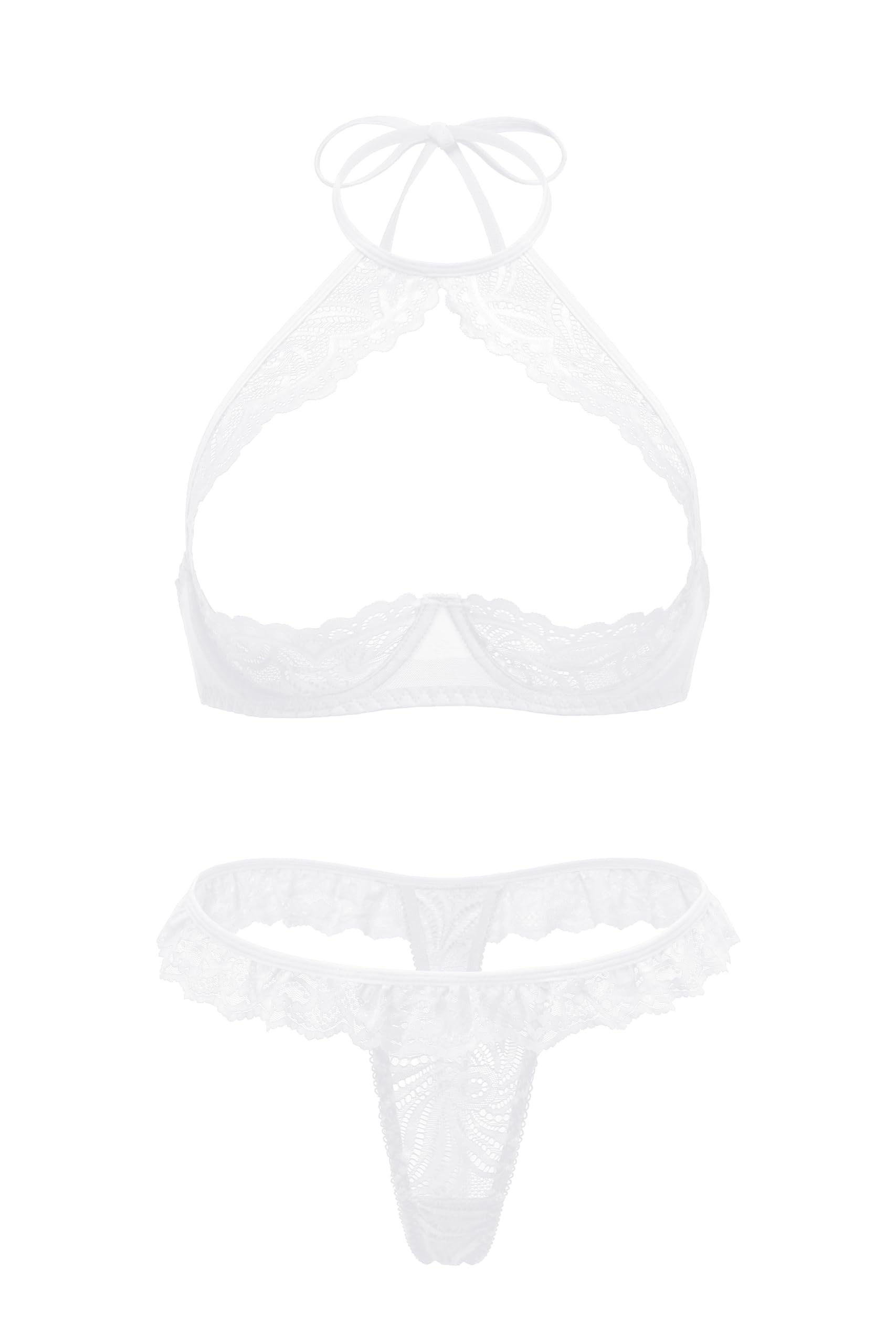 Avidlove Sexy Underwire Push Up Lingerie for Women Floral Lace Sheer Lingerie Set for Women Halter Bra and Panty 2 Piece White XX-Large