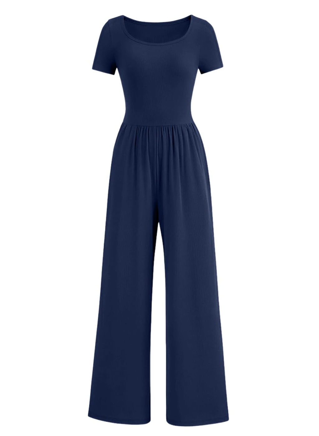 Acelitt One Piece Jumpsuits for Women Dressy Casual Short Sleeve Squared Neck Wide Leg Rompers Jumpers with Pockets Vacation Summer Outfits Navy Blue Large