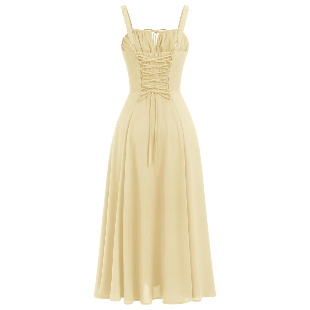ABEHIK Summer Dress for Women 2024 Floral Corset Dress Boho Flowy Slit Bustier Lace Up Midi Dresses Going Out A Line Casual Sundress Adjustable Spaghetti Straps Bodycon Yellow XS