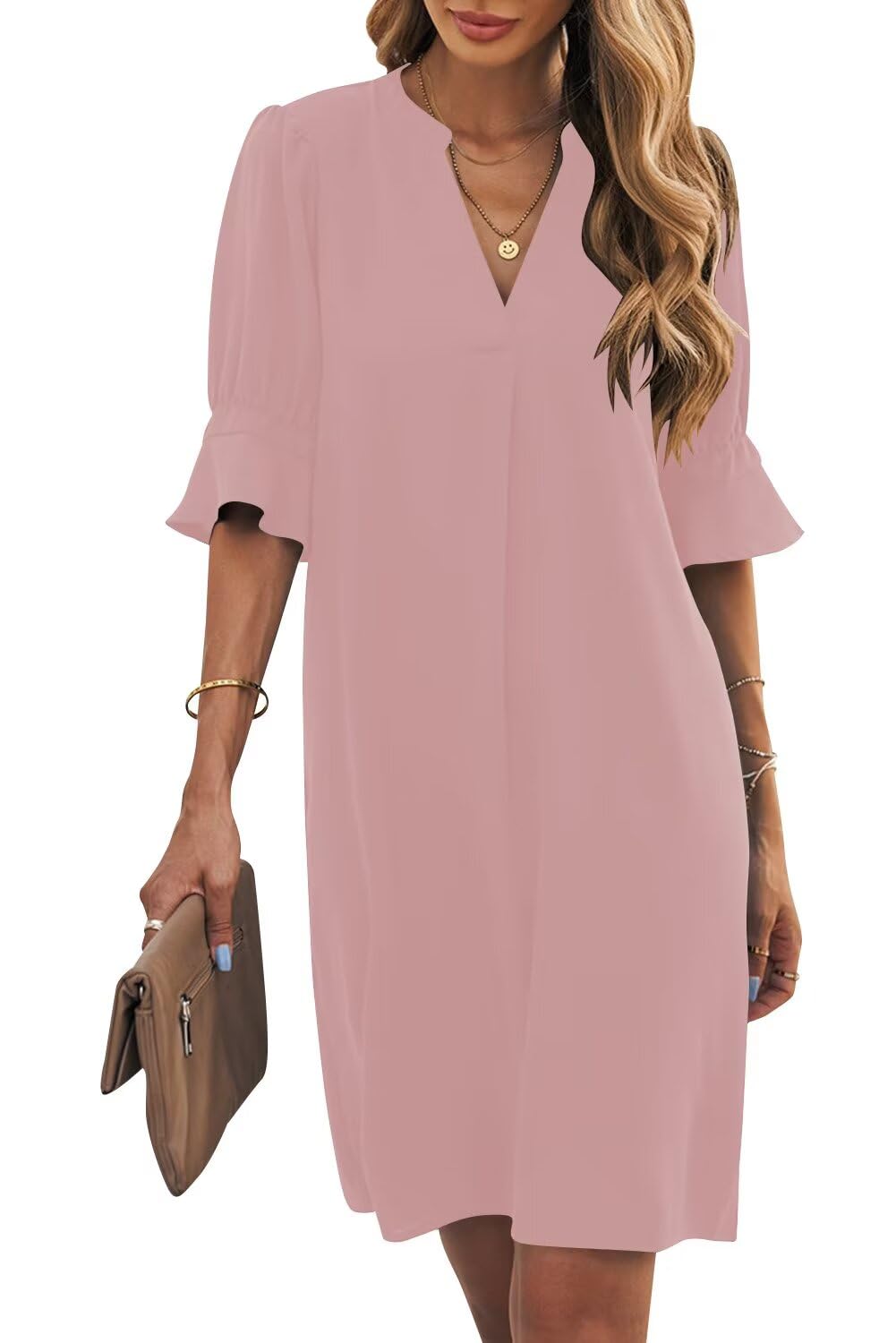 Wkior Elegant Dresses for Women V Neck Short Sleeves Casual Solid Color Summer Dress Gray Pink S