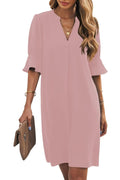 Wkior Elegant Dresses for Women V Neck Short Sleeves Casual Solid Color Summer Dress Gray Pink S