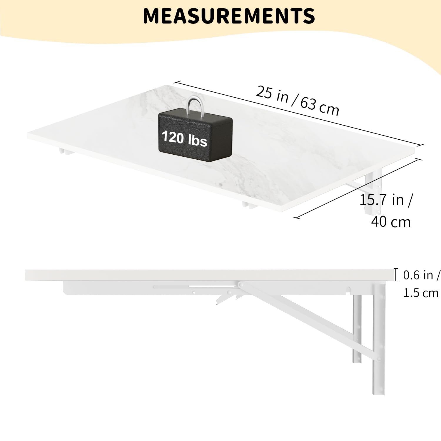GOYLSER Wall Mounted Table Fold Down Workbench Length 25" Width 15.7", White Marble Laundry Floating Desk for The Garage/Shed/Office/Bar/Home Kitchen & Dining Room