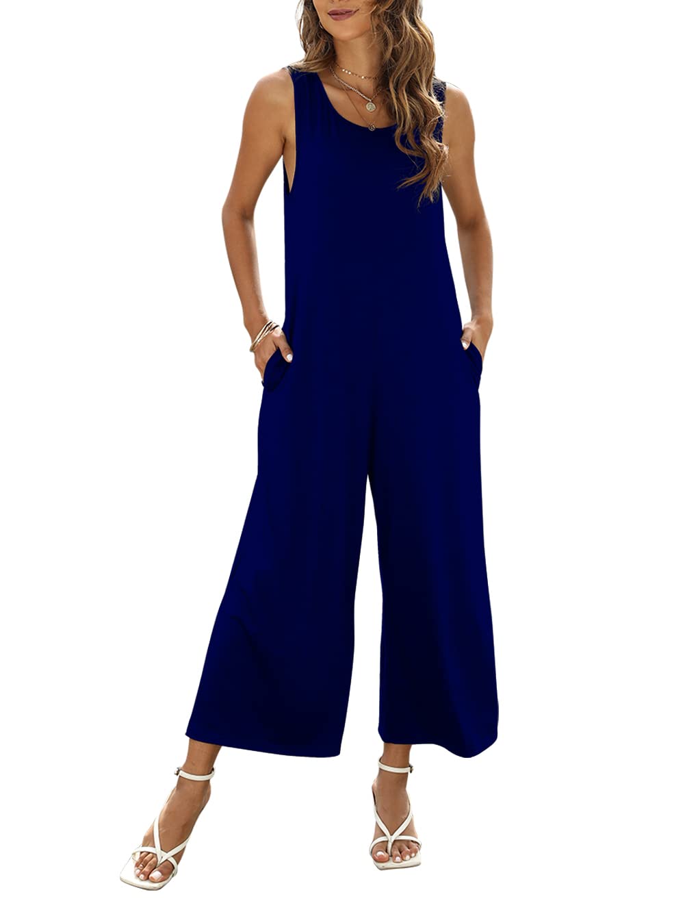 Nfsion Women's Summer Casual Loose Tank Jumpsuit Sleeveless Crewneck Jumpsuit Romper Outfits with Pockets Medium Dark Blue