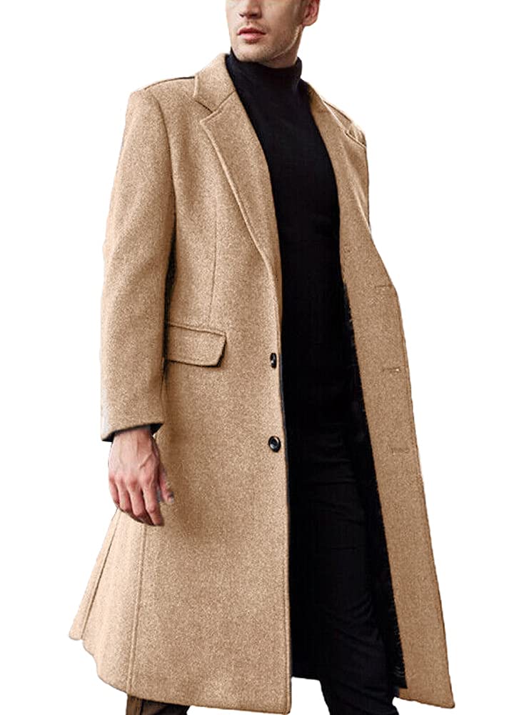 chouyatou Men's Fall Winter Office Single Breasted Long Dress Wool Coat Overcoat (Large, Khaki)