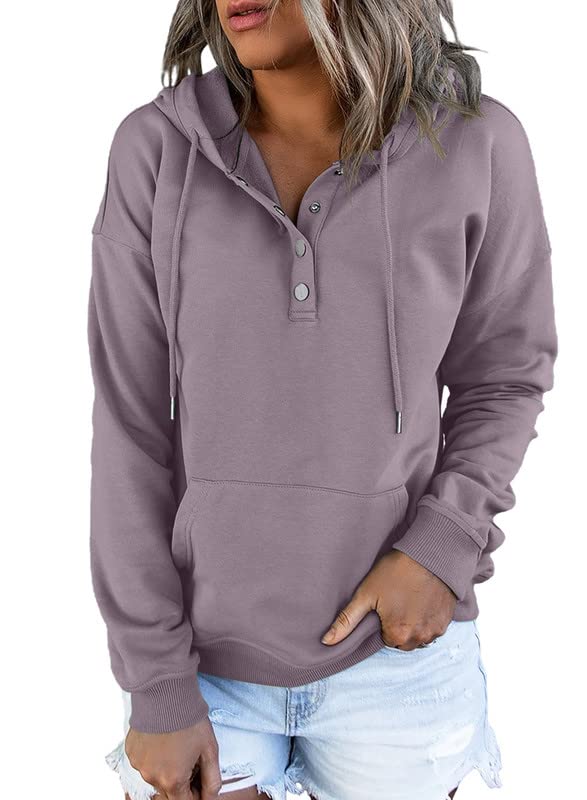 Dokotoo Oversized Sweatshirt for Women Winter Clothing Drawstring Womens Hoodies Button Collar Fleece Long Sleeve with Pockets Hooded Pullover Casual Loose Fit Cute Hoodie Tops Shirts Purple Small