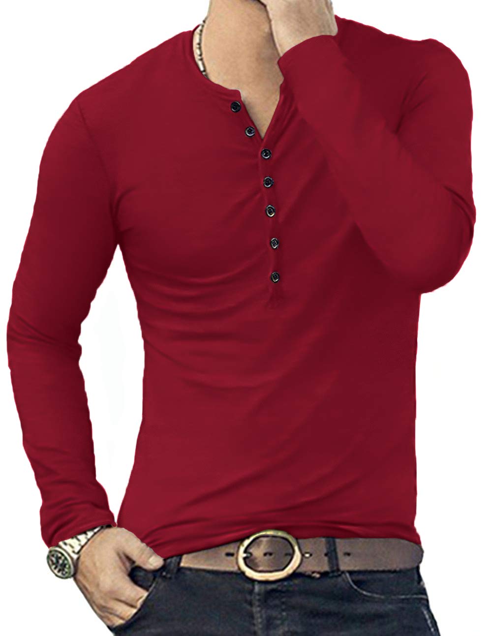 YTD Mens Casual Slim Fit Basic Henley Long Sleeve Fashion T-Shirt XXL Wine Red