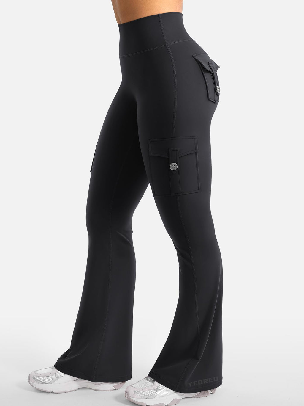 YEOREO CoreFlex Women Workout Flare Leggings with Pockets Hidden Scrunch High Waisted Cargo Gym Yoga Leggings Black L