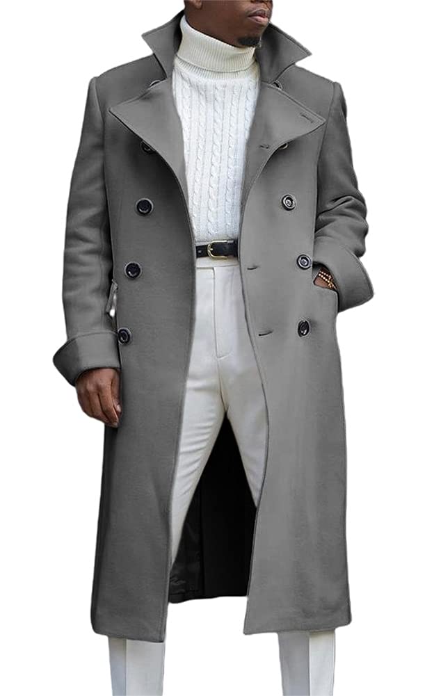 chouyatou Men's British Style Double Breasted Heavyweight Mid Long Wool Pea Coat (Large, Grey)