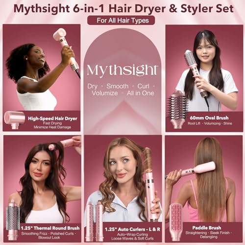 Mythsight StyleVibe 6-in-1 Air Styler, Hair Dryer & Blow Dryer Brush with Travel Case - Auto Wrap Curls (L/R), Fast Drying, Thermal Round Brush for Smooth Blowouts & Frizz-Free Volume, No Heat Damage