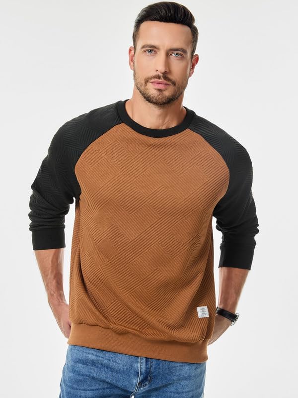 Dokotoo Men Mens Fashion Sweatshirts Fall Winter Patchwork Long Sleeve Patchwork Lightweight Casual Crewneck Pullover Sweatshirts Brown X-Large