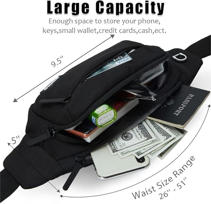 SINNO Black Fanny Packs for Women Men Fashionable Waterproof Belt Bag Gifts for Running Sport Workout Hiking Travel Crossbody Plus Size Waist Pack Phone Bag Wallets Purse Carrying All Phones