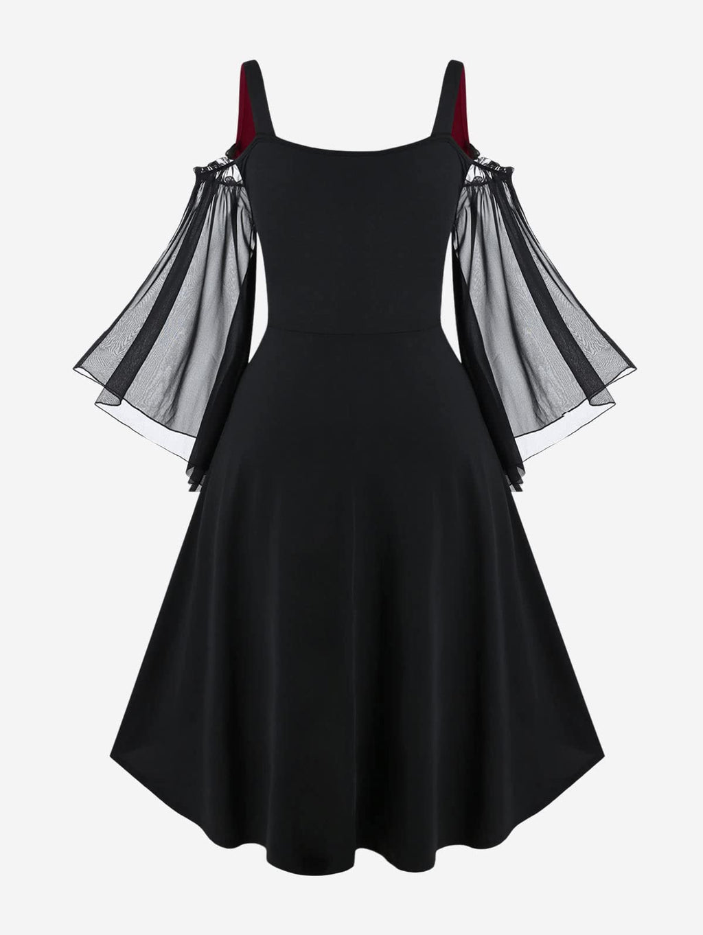 Rosegal Women Plus Size Punk Cold Shoulder Flare Sleeves Lace Up High Low A Line Midi Gothic Dress Renaissance Corset Dress（Black-217/2X）