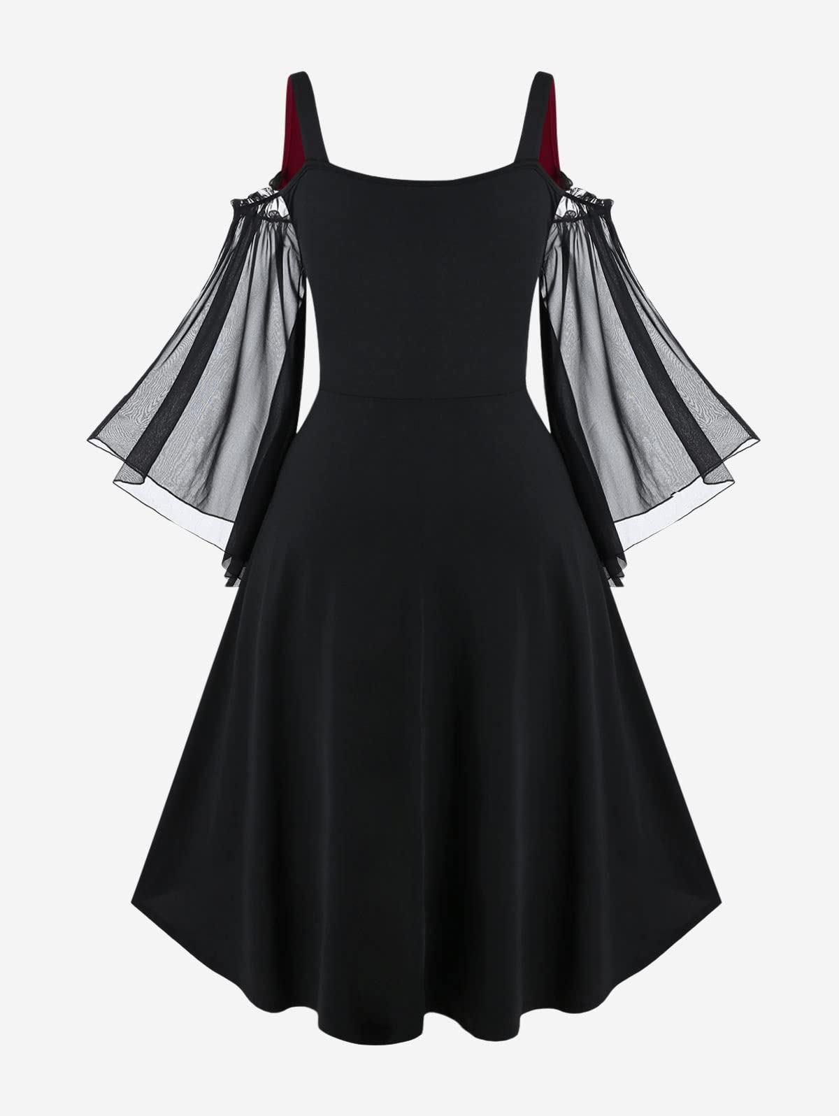 Rosegal Women Plus Size Punk Cold Shoulder Flare Sleeves Lace Up High Low A Line Midi Gothic Dress Renaissance Corset Dress（Black-217/2X）