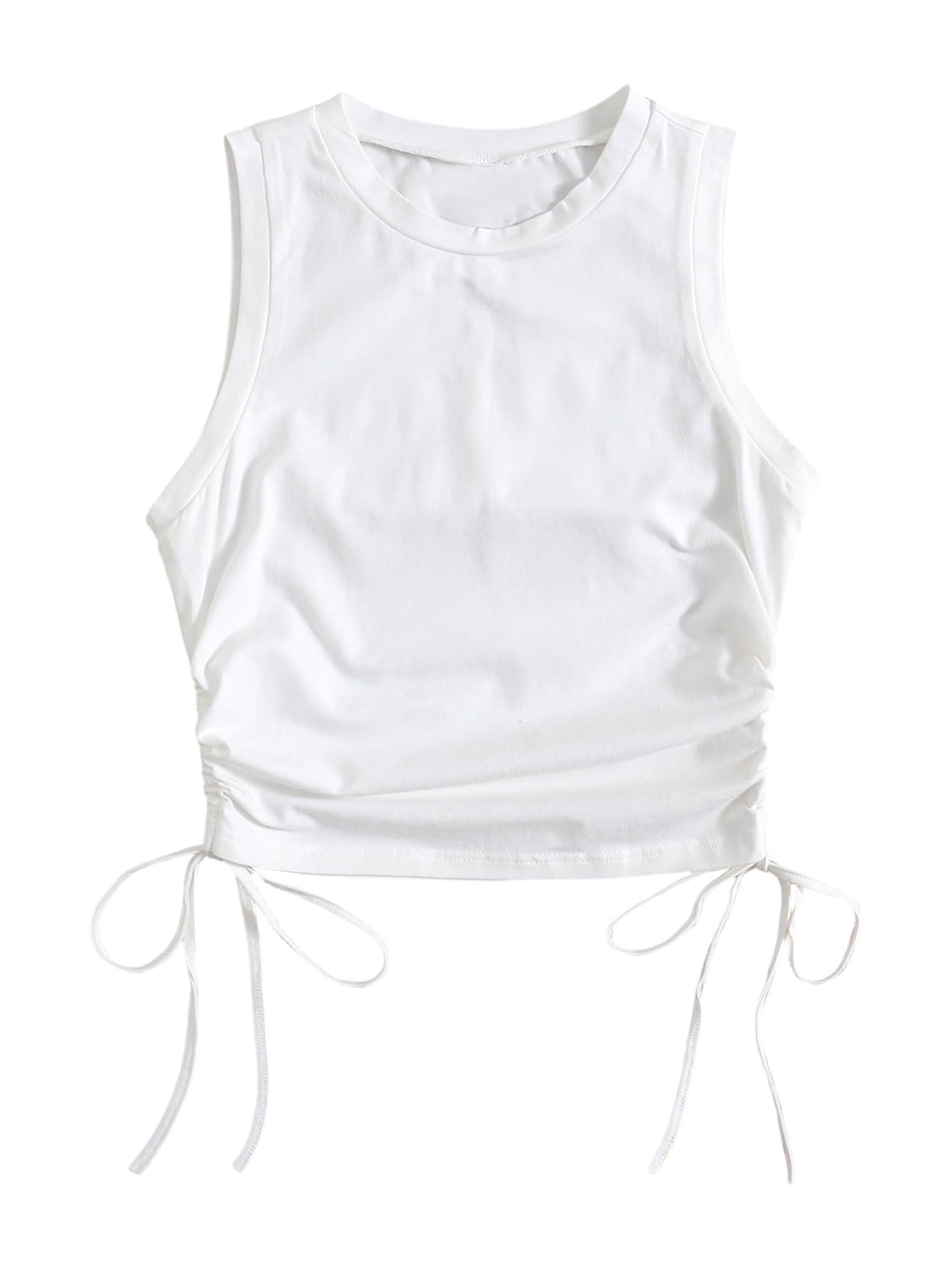WDIRARA Women's Ruched Drawstring Side Tank Top Crew Neck Sleeveless Fitted Crop Tops White Large