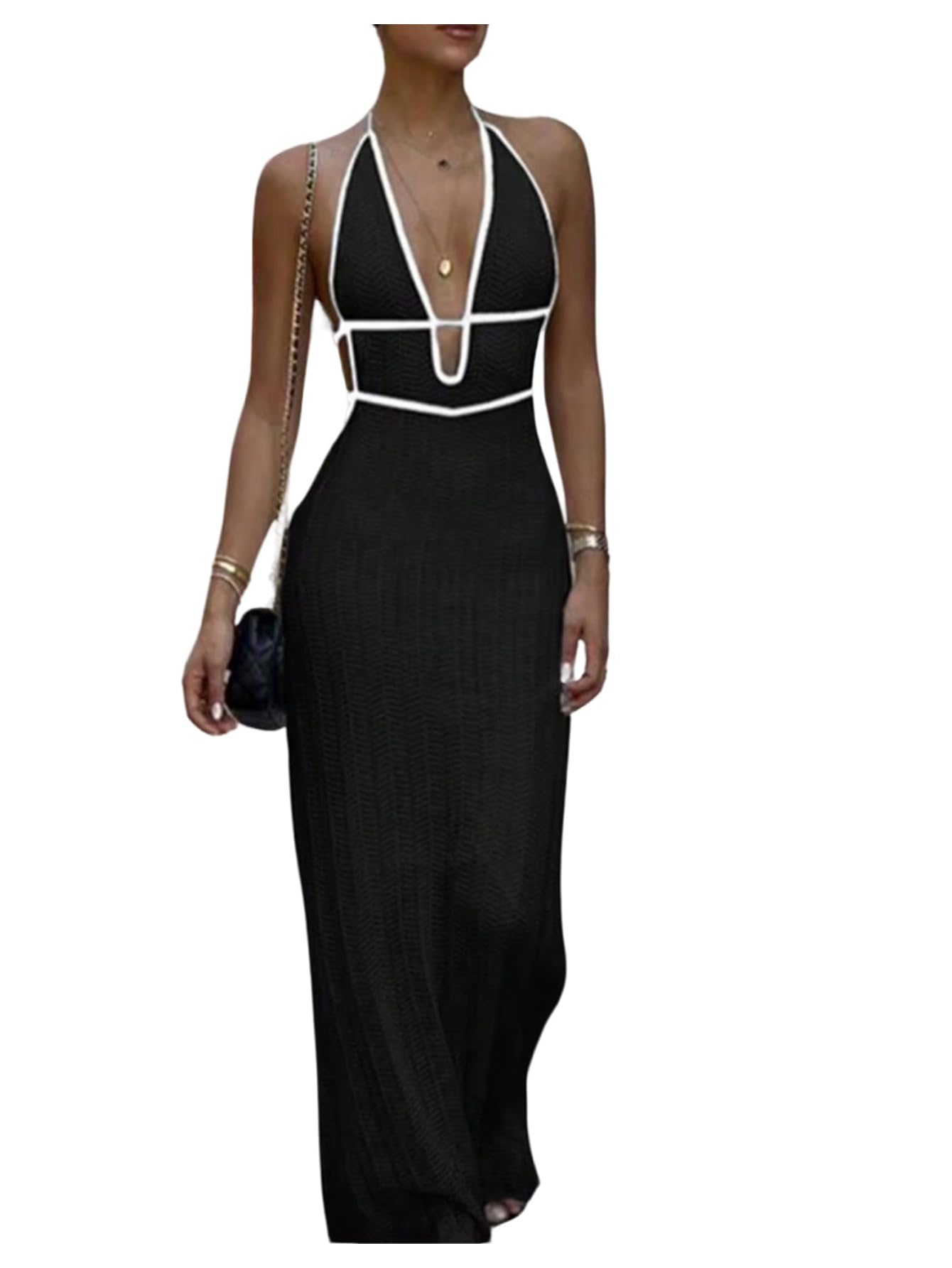 GORGLITTER Women's Deep V Halter Knit Boho Maxi Dress Backless Crochet Birthday Fall Wedding Guest Long Dresses Black Small