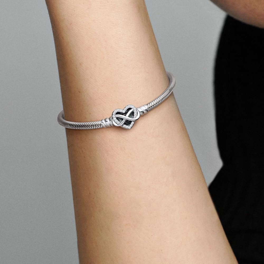 PANDORA Moments Sparkling Infinity Heart Clasp Snake Chain Bracelet - Compatible with PANDORA Moments Charms - CZ & Sterling Silver Charm Bracelet - No Gift Box - 7.5"