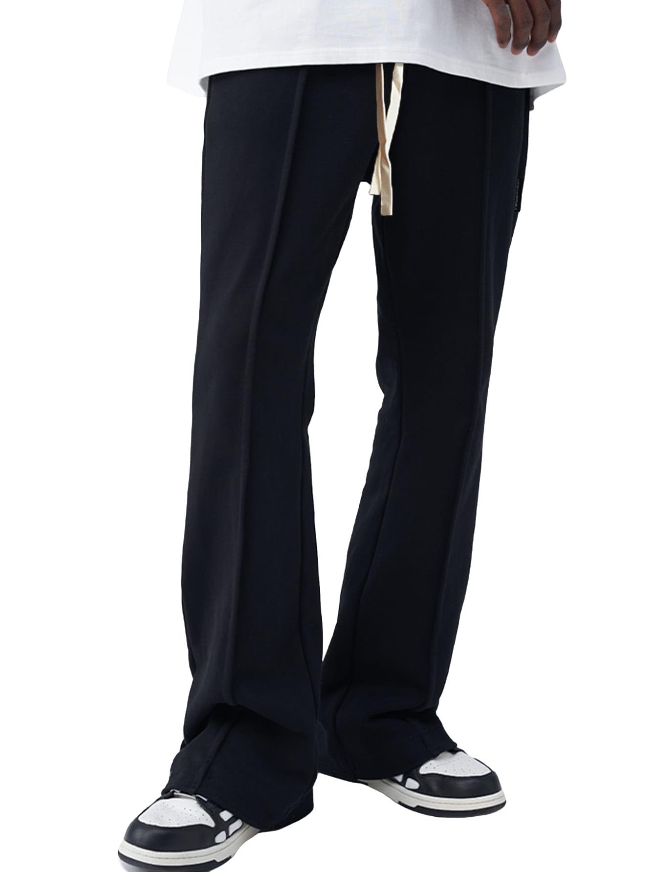 WDIRARA Men's Wide Leg Flare Sweatpants Drawstring Trousers High Waisted Casual Outdoor Sweatpants with Pockets Black L