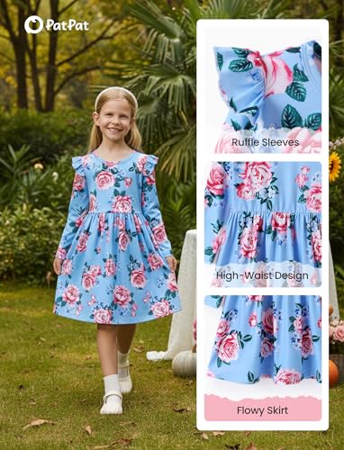PATPAT Toddler Girl Outfit Set – Flutter Sleeve Long Sleeve Dresses in Sweet Blue Flower Patterns, Blue Flower, 5-6 Years