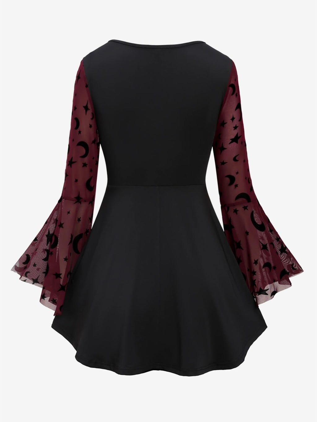 ROSE GAL Women Plus Size Gothic Moon Star Mesh Panel Bell Sleeves Chain Tassel T-Shirt Punk Gothic Flare Sleeves Top Costume Top(Deep Red_1/4X)