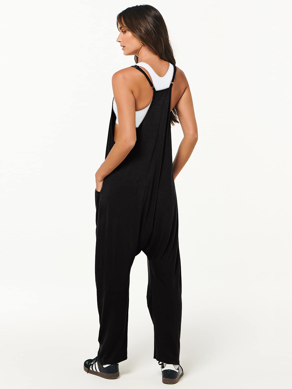 ANRABESS Jumpsuits for Women Casual Summer Overalls Sleeveless Spaghetti Strap Romper Jumpers Trendy Beach Vacation Outfits Black Medium