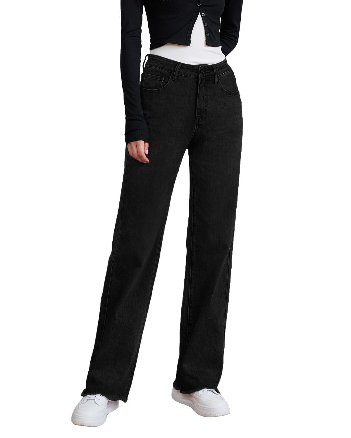 UPNET Womens High Waisted Jeans Stretchy Straight Leg Loose Fit Tummy Control Raw Hem Denim Pants Trendy 2025 Fashion (US, Numeric, 2, Regular, Short, Black)