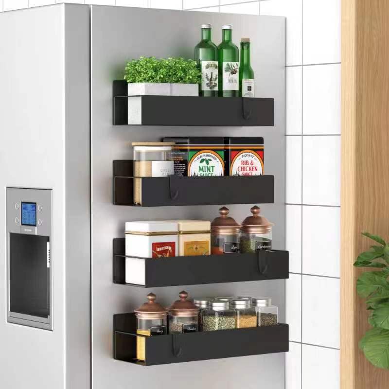 HuggieGems Metal 4 Pack Magnetic Spice Storage Rack Organizer for Refrigerator and Oven, Black Fridge Organizers and Storage