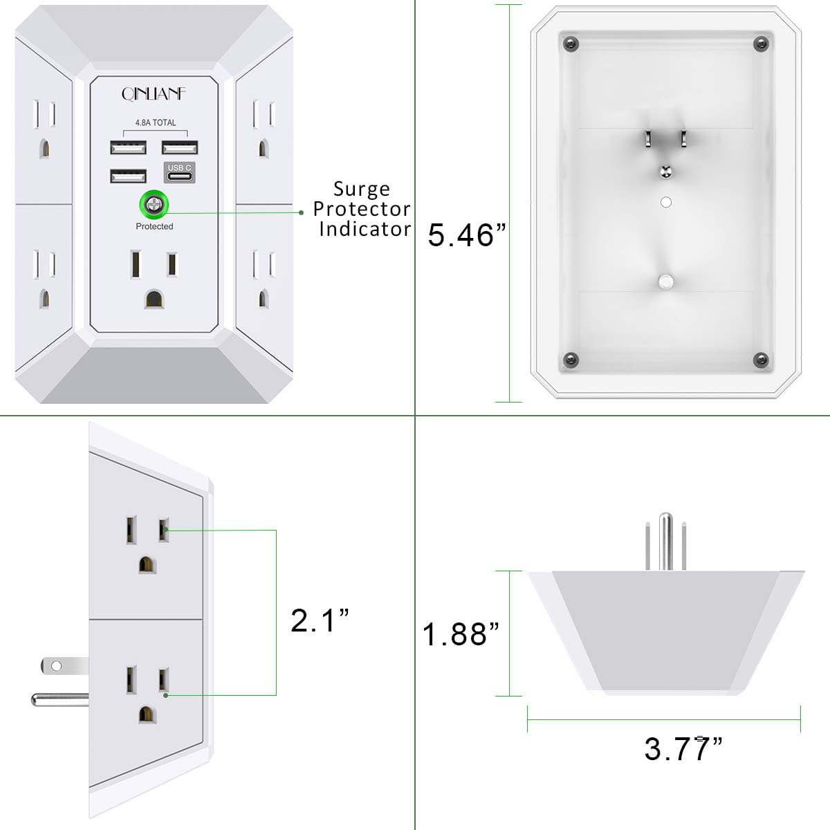 Wall Charger, Surge Protector, QINLIANF 5 Outlet Extender with 4 USB Charging Ports (4.8A Total) 3-Sided 1680J Power Strip Multi Plug Adapter Spaced for Home Travel Office (3U1C)