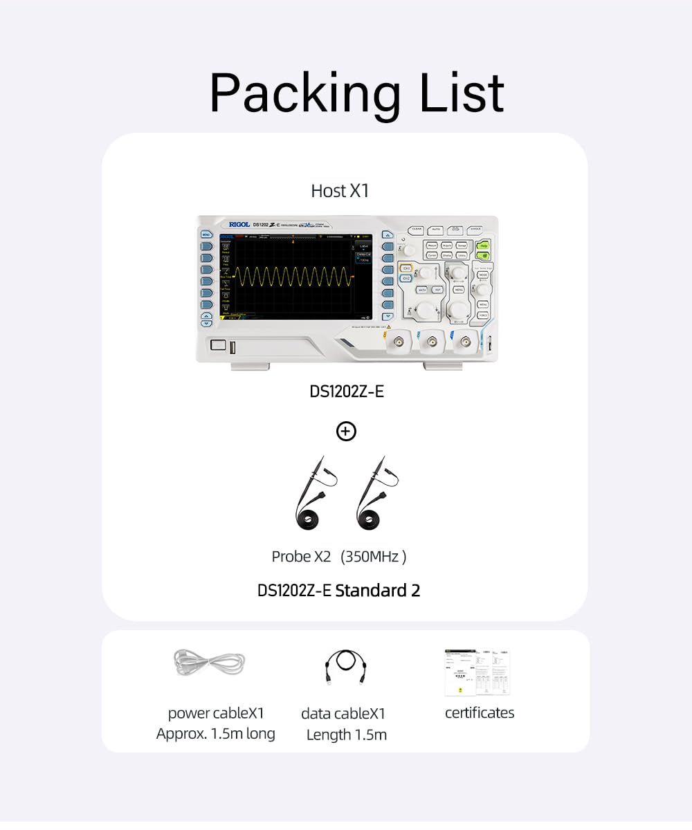 RIGOL Digital Oscilloscope DS1202Z-E 200 MHz 2-Ch 1 GSa/s 24 Mpts 30,000 wfms/s UltraVision 7" 800x480 Intensity Display, 60,000-Frame Record, Serial Decode UART I2C SPI for Debug & Education