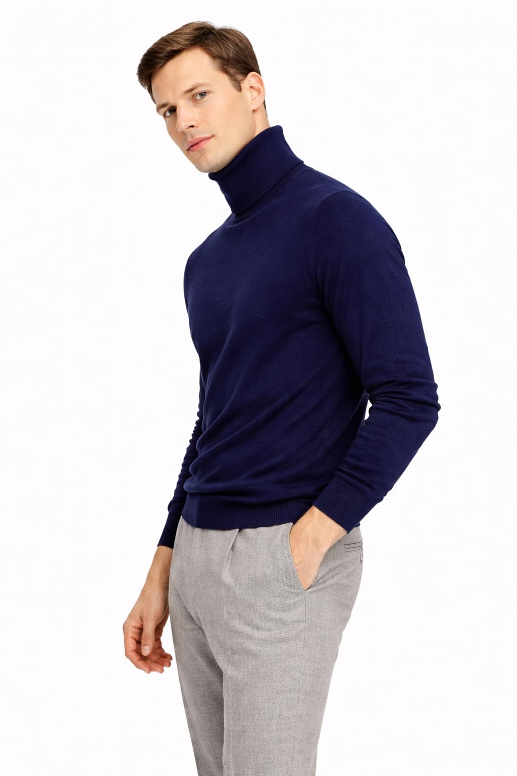 State Cashmere Men's Essential Turtleneck Sweater 100% Pure Cashmere Classic Long Sleeve Pullover (Navy, Large)