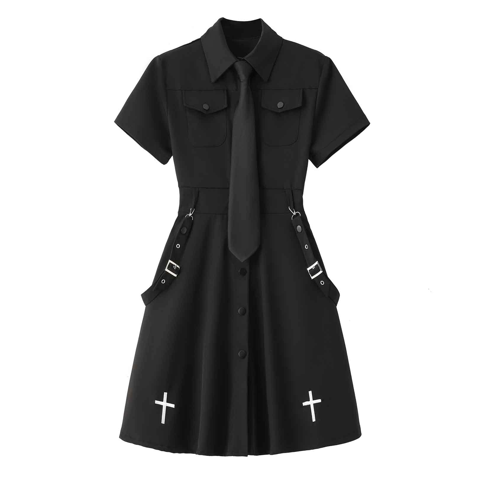 Gothic Black Summer Academy Tie Cross Black Retro Dress Harajuku Dress Emo Clothes (L,Large)