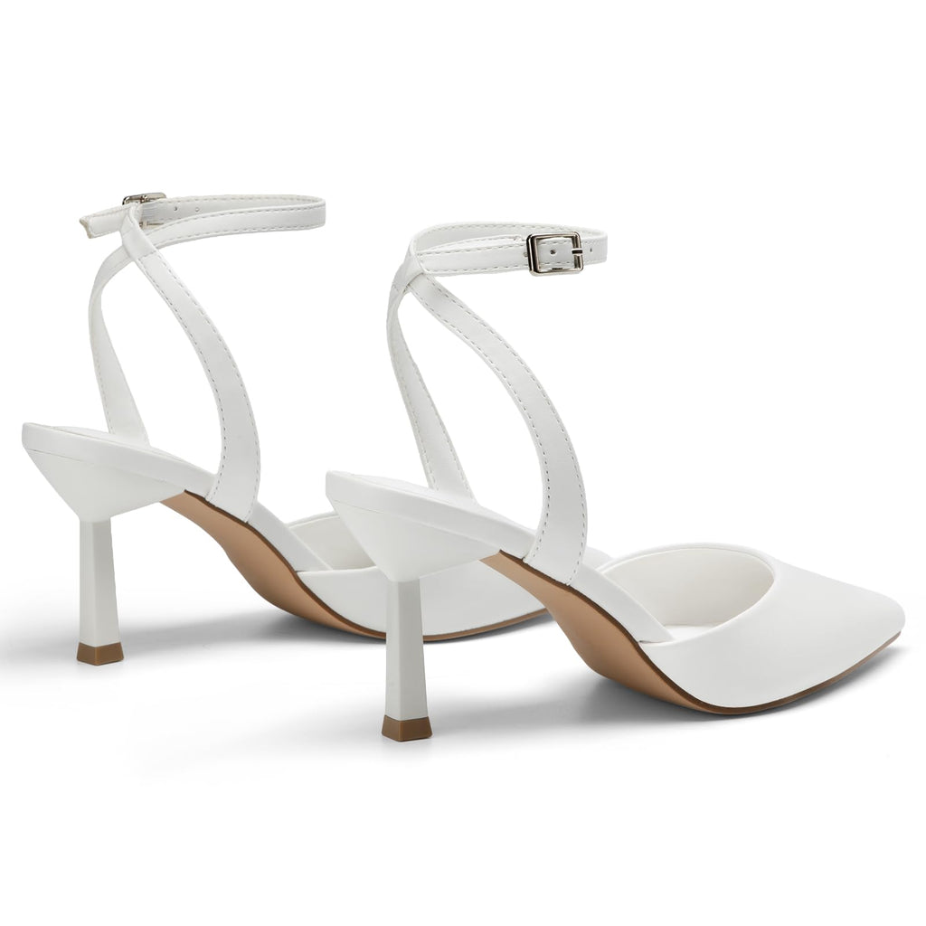 Athlefit Women's Closed Pointed Toe 3 Inch High Heels Ankle Strap Stiletto Heel Wedding Party Dress Pumps Shoes, White Size 9.5,SAPU2602W
