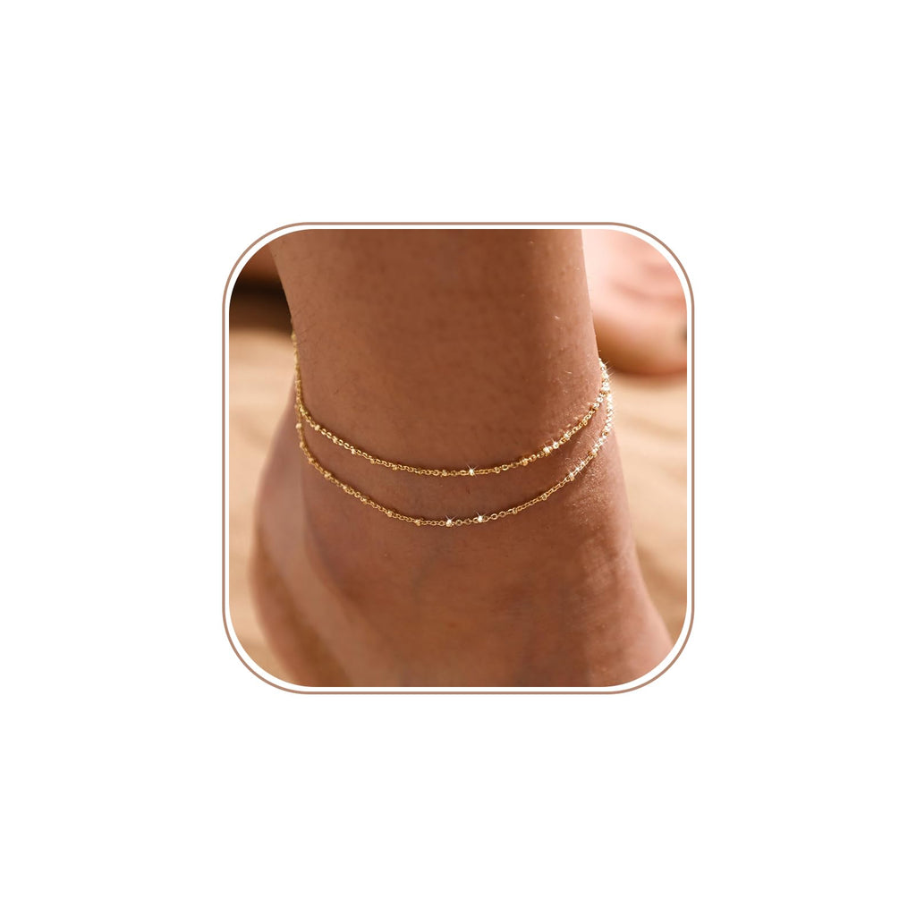 MIDEEO Gold/Silver Ankle Bracelets for Women,14K Gold Anklets for Women Waterproof Cuban Link Heart Beads Herringbone Rhinestone Anklets Set Layered Anklet Bracelets Gold Jewelry Gift