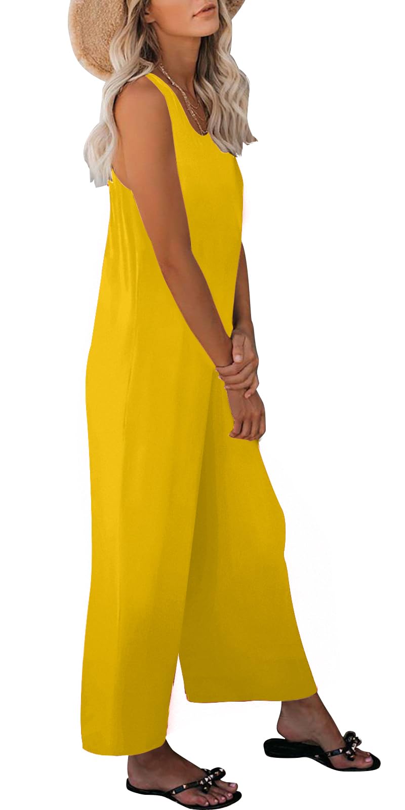 Nfsion Women's Summer Casual Loose Tank Jumpsuit Sleeveless Crewneck Long Pants Jumpsuit Romper with Pockets Large Yellow