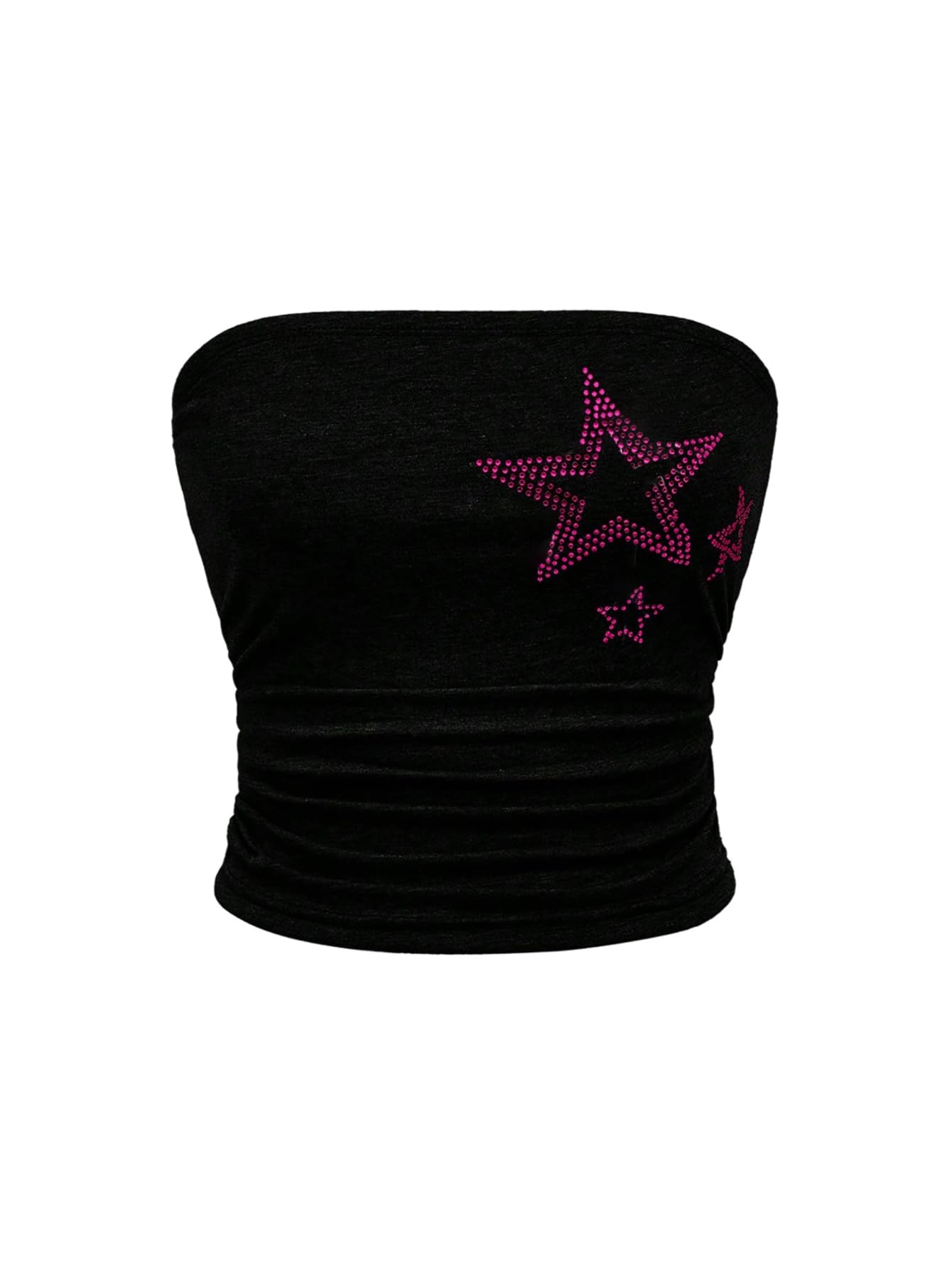 WDIRARA Women's Star Rhinestone Ruched Strapless Crop Tube Top Y2k Graphic Bandeau Tops Black Star Large