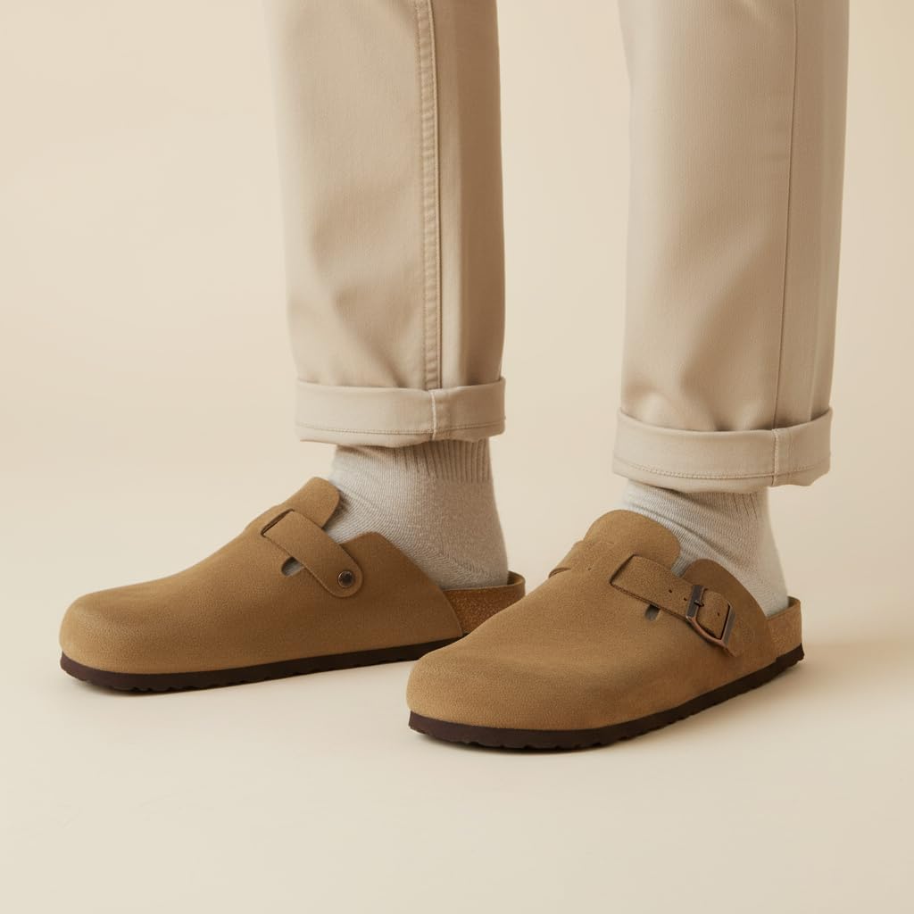 CUSHIONAIRE Haze Genuine Suede Leather Mens Clogs - Comfortable Slip On Potato Shoes for Men with Adjustable Buckle, BROWN 10