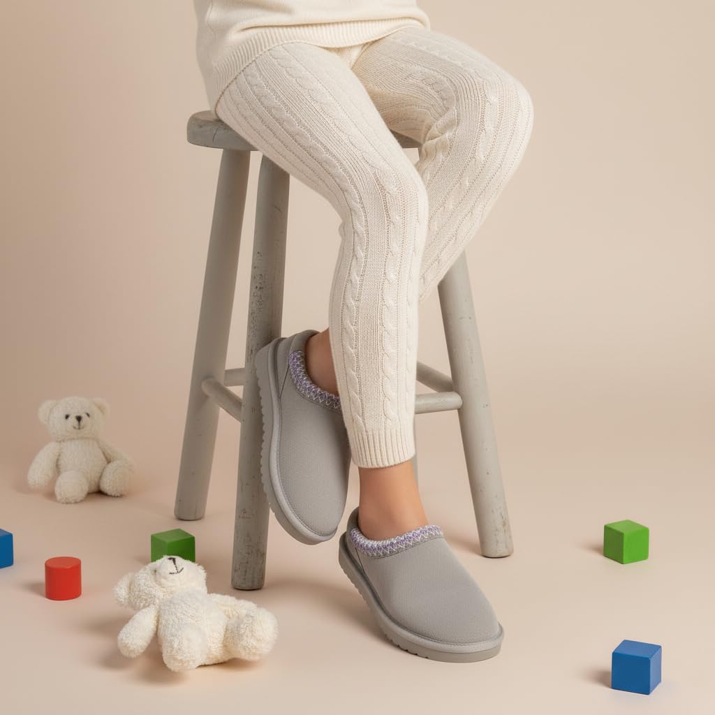 CUSHIONAIRE Keto Genuine Suede Leather Kids Slippers for Boys and Girls – Cozy Slip-On Mule House Shoes with Faux Fur Lining, Cushioned Memory Foam Comfort, GRAY/LAVENDER 3