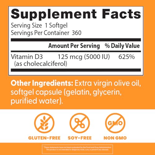 Doctor's Best Vitamin D3 5000 IU Softgels for Men & Women - Vitamin D Supplement for Immune System & Heart Health Support, 125 mcg per Serving, VIT D 3, Non GMO, Gluten Free, Soy Free - 360 Softgels