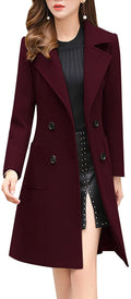 chouyatou Women Elegant Notched Collar Double Breasted Wool Blend Over Coat (Medium, Wine Red)
