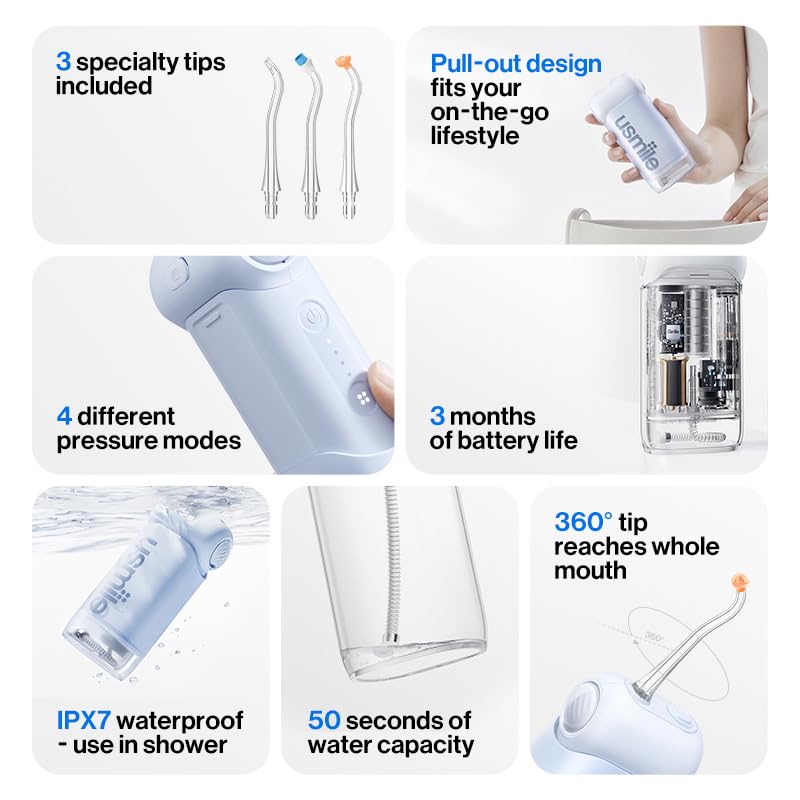 usmile C10 Portable Water Flosser – Travel-Friendly, 95-Day Battery, 4 Modes, 360° Nozzle, 180ml Tank, IPX7 Waterproof, Dentist-Recommended for Braces, Implants & Sensitive Gums (Blue)