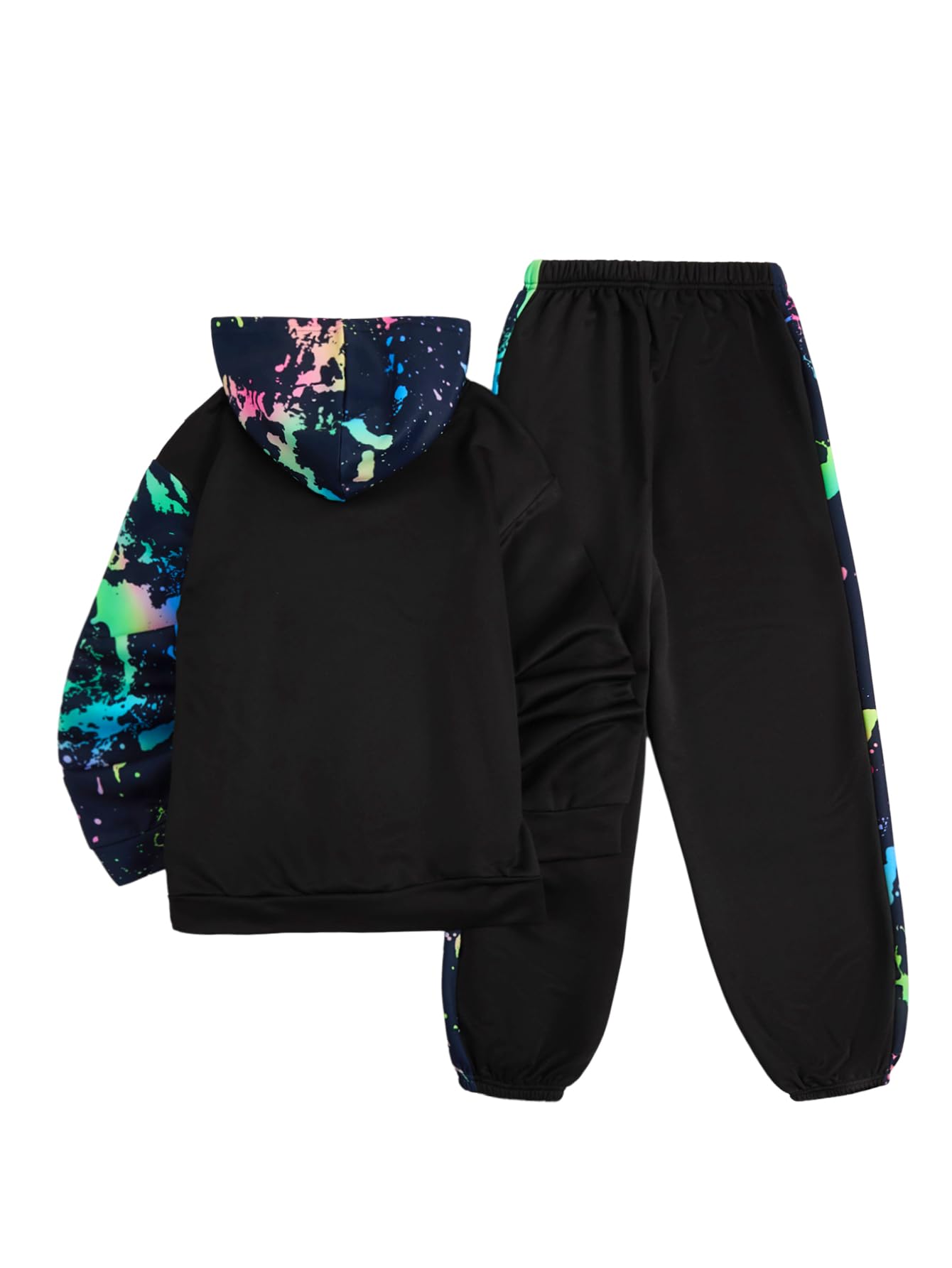 WDIRARA Boy's 2 Piece Outfits Colorful Graphic Print Long Sleeve Hoodie and Sweatpants Set Tracksuit Black and White 6Y