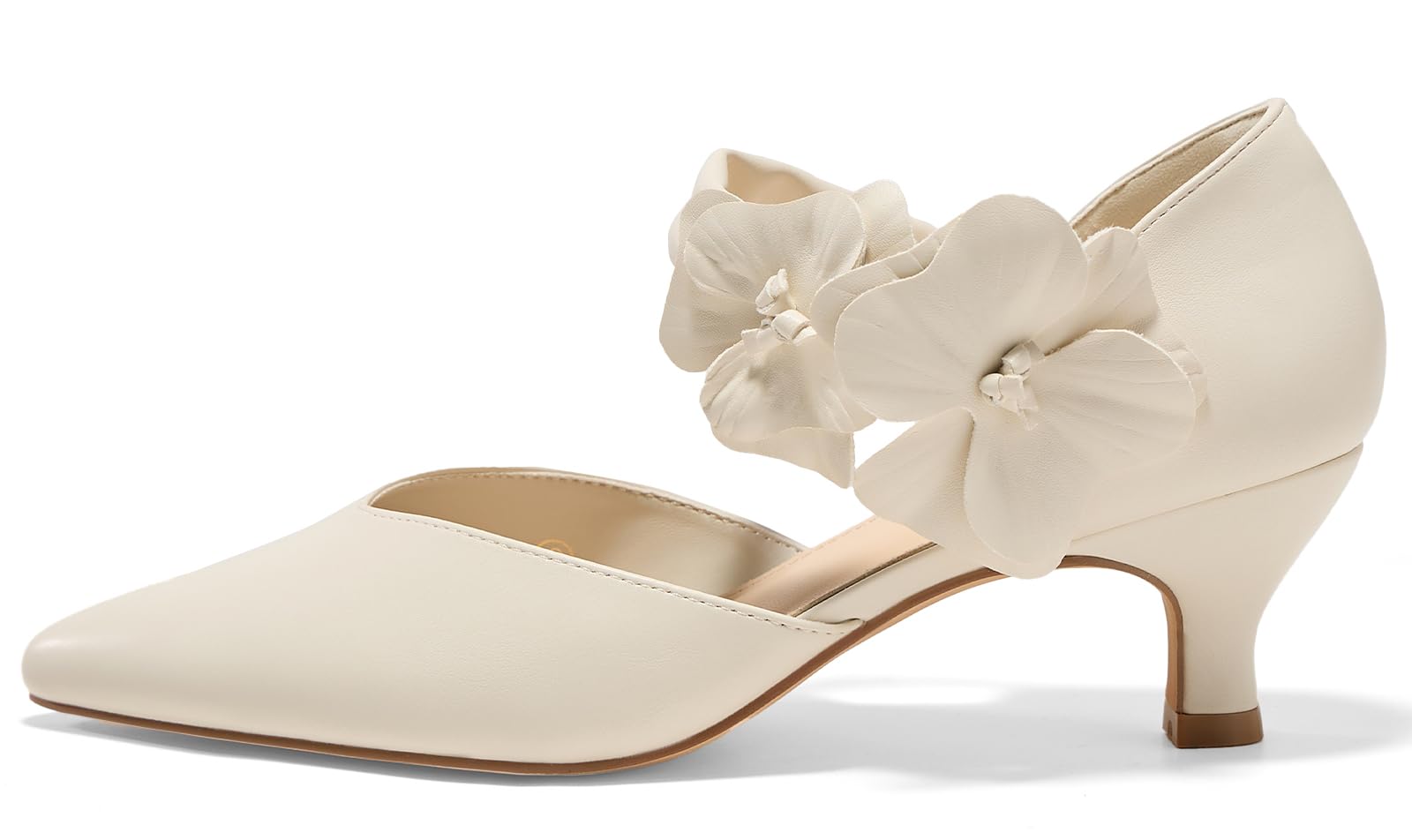 GotSoft Womens Low Kitten Heels Pointed Toe Slip on Pumps Flower Ankle Strap Elegant Party Wedding Dress Shoes, Beige, Size 8.5